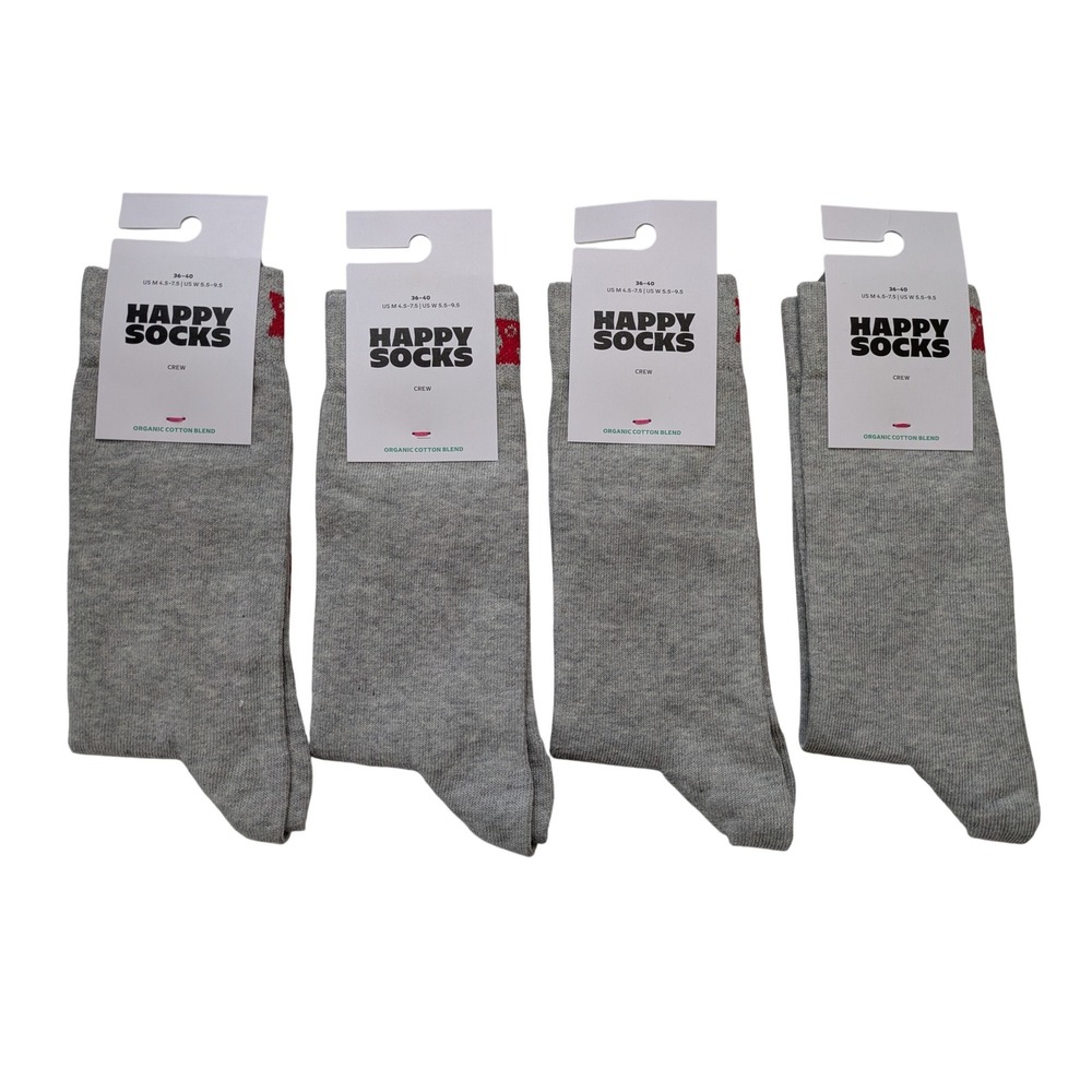 Happy Socks Solid Basic Crew‎ 4 Pair Unisex 36-40 Gray Organic Cotton Blend NWT